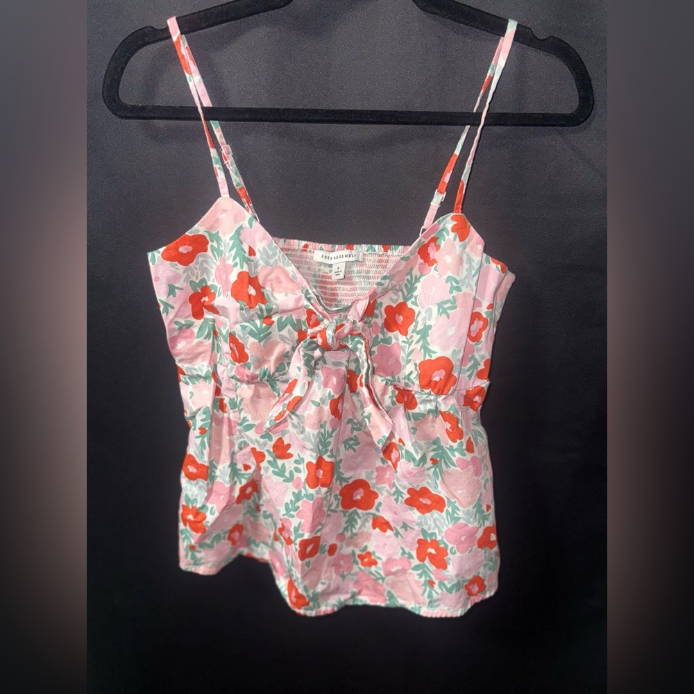Floral Tie-Front Spaghetti Strap Tank — Pink/Red